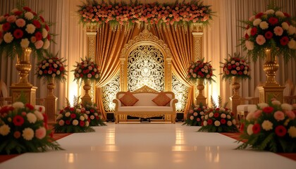 Obraz premium Traditional Malay pelamin decorated with songket backdrop, golden frames, and floral arrangements
