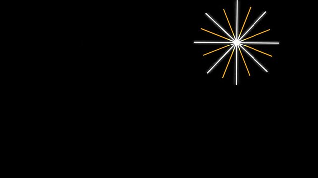 Vibrant circle fireworks burst animation with thin glowing line explosions, spark trails, and elliptical blast shapes emerging dramatically on black screen in UHD.