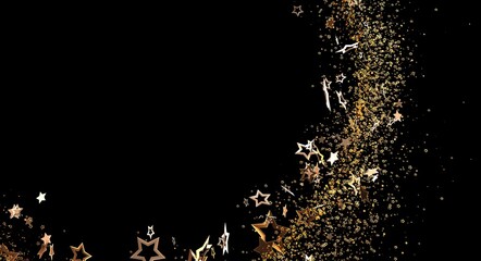 Stunning abstract background featuring sparkling golden stars and glitter on a deep black backdrop,...