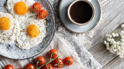 Sunny Side Up Eggs, Cherry Tomatoes, and Coffee on Rustic Wooden Table.