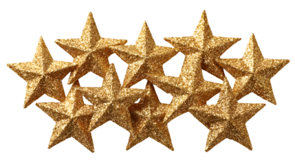 Glittery gold star toppers arranged in collection isolated on white background