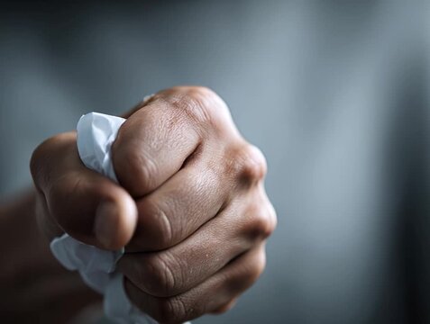 close up of a clenched male fist crumpling a paper with rage