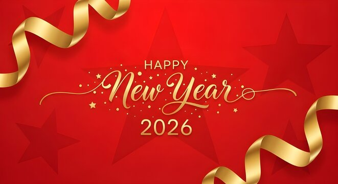 Festive 2026 banner golden ribbons, sparkling stars on a red background. Joyful New Year greetings and celebrations