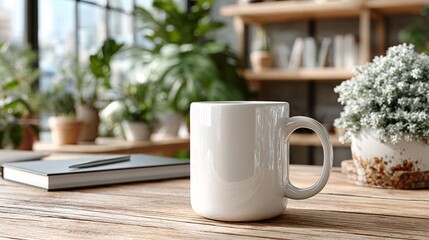 White ceramic coffee mug on wooden table with blurred indoor plants and books