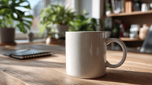 White ceramic coffee mug on wooden table in modern cozy kitchen - Powered by Adobe