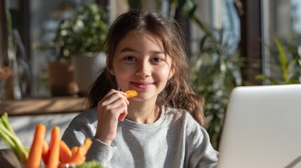 Close up of a cheerful girl in a grey shirt using a laptop for homeschooling while enjoying a healthy snack at home on a sunny day