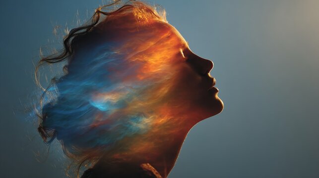 Creative double exposure portrait of woman with colorful abstract light effects