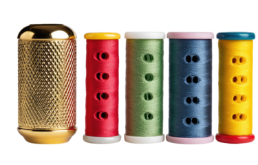 Row of colorful thread spools, with a gold-toned spool at the left