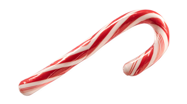Glossy candy cane in red-and-white stripes isolated on white background