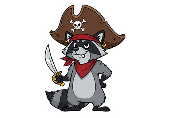 Cartoon raccoon pirate with sword and pirate hat