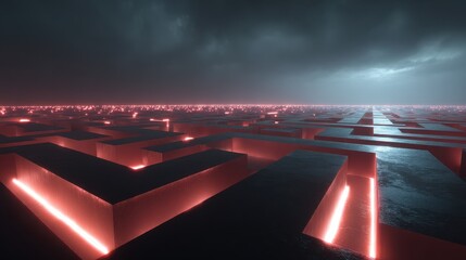 Glowing Red Maze Under Ominous Sky - Abstract Conundrum of Light and Shadow.