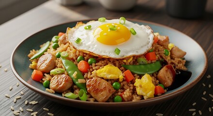 Delicious and colorful fried rice with tender chicken, vibrant vegetables, and a perfectly cooked sunny-side-up egg, making for a satisfying and visually appealing dish
