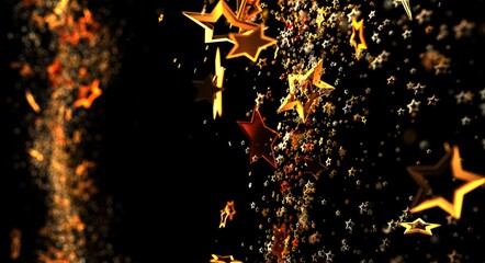 Dynamic gold stars cascading on a black background, perfect for holiday, festive, and celebratory themes. Ideal for design n