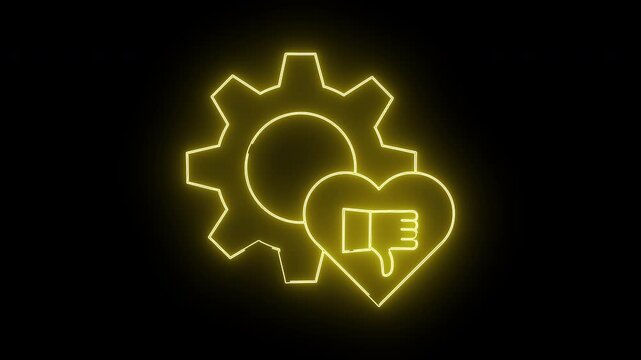 Neon gear with heart containing a thumbs down glowing yellow against a black backdrop