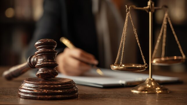 Legal concepts Female attorney in office with brass scales using a gavel Law trial proceedings Business lawyer notarizing agreements for validity - Powered by Adobe