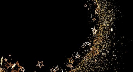 Abstract background featuring falling gold stars and confetti against a black backdrop, perfect for holidays or special even