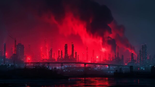 City skyline engulfed in dramatic red smoke and light at night over water.