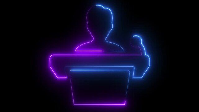 glowing neon Speaker man icon.Training icon, coaching concept, teacher and learner, presentation, conference, lesson, seminar, education symbol. 4k motion video animation.