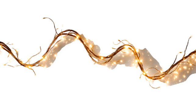 Glowing Christmas light string arranged in wave pattern isolated on white background