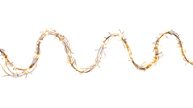 Glowing Christmas light string arranged in wave pattern isolated on white background