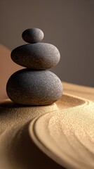 Tranquil Cairn of Three Balanced Stones in a Softly Lit Miniature Zen Garden.