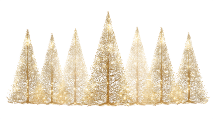 Glowing golden Christmas trees set isolated on white background