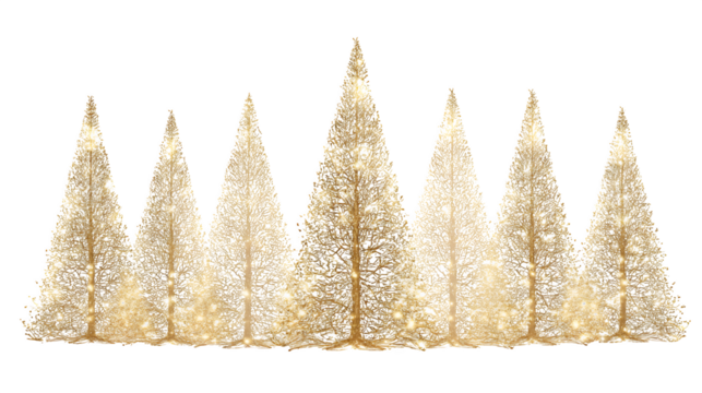Glowing golden Christmas trees set isolated on white background