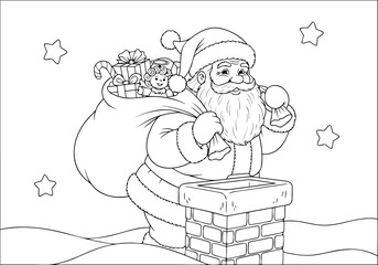 Joyful winter character with gift sack descending chimney fun printable coloring pages for children