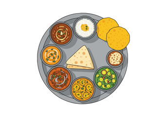 Illustration of Traditional Indian Thali with Rice, Curries, Flatbread, Papad, and Salad