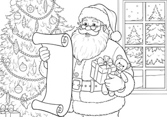 Detailed Santa Claus Illustration with Christmas Tree and Presents for Engaging Coloring Pages Activity
