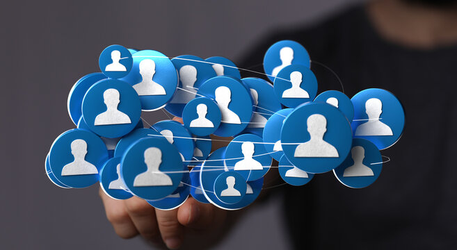 Conceptual network of digital avatars in the hand, illustrating social media and communication technologies. - Powered by Adobe