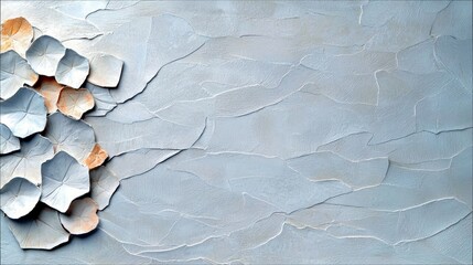 A textured background features layered, organic shapes resembling petals or leaves in soft blue and peachy hues.