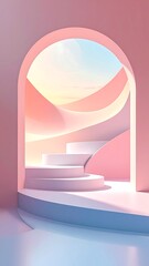 Minimalist Pink Archway with Winding Staircase and Sky View.
