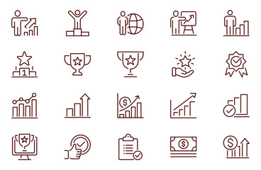 Success and growth icon set. Benefit and reward icons collection. Loyalty program line icons. Bonus card, award and winner gift, achievement, employee.