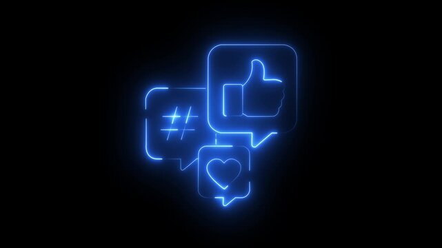 glowing neon social media icon animation like ,heart ,hashtag, community on black background .4k motion video animation .