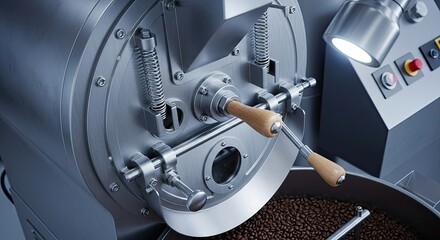 Close-up of a modern industrial coffee roasting machine with a stainless steel drum and wooden handles, showing freshly roasted beans in the cooling tray of a professional roastery