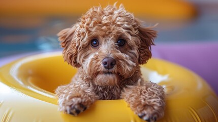 A Cute, Fluffy Dog Relaxing in a Bright Yellow Pool Float, Showing Its Playful Side in a Colorful Summer Setting with a Splash of Fun