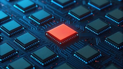 Fototapeta premium Glowing Red Circuit Board Chip With Standard Components and Design