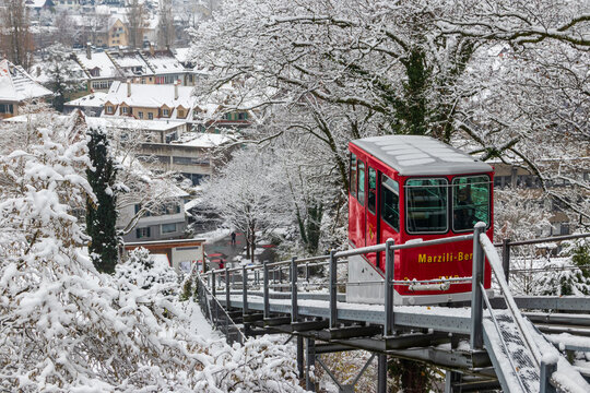 Marzilibahn funicular at winter in Bern, Switzerland