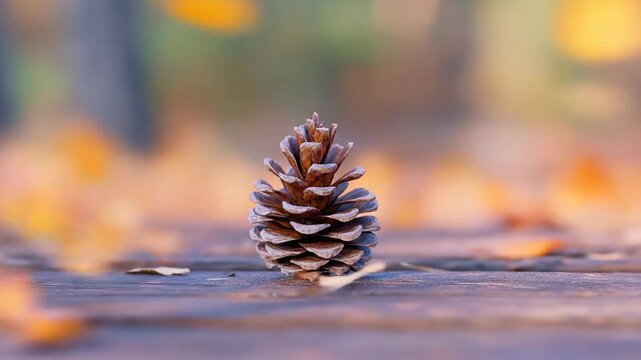 Autumn pinecone on wooden surface with blurred fall foliage background