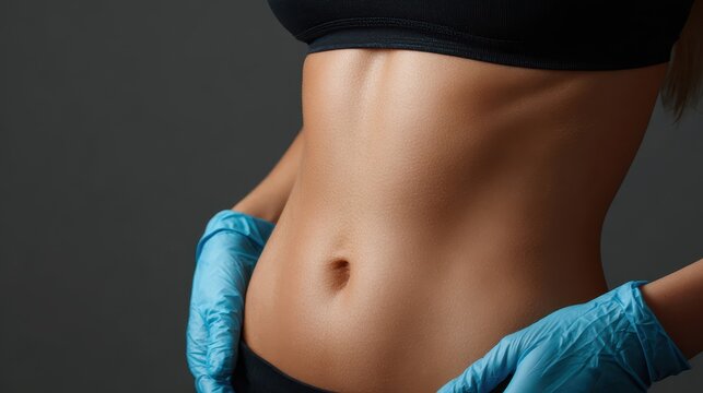 Detailed image of a woman s abdomen highlighting beauty treatments at a clinic including ozone therapy and slimming enzymes for weight loss