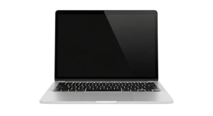 Silver laptop with a blank black screen and keyboard on a black background computer technology isolated on a transparent background