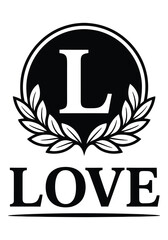 Elegant laurel wreath surrounds bold letter l above classic typography word love