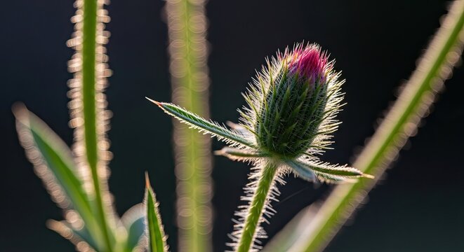 A single, spiky wildflower bud with emerging pink petals glows with beautiful backlighting from the sun, highlighting its delicate texture against a dark, out-of-focus backdrop - Powered by Adobe