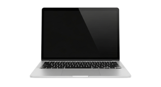 Silver laptop with a blank black screen and keyboard on a black background computer technology isolated on a transparent background