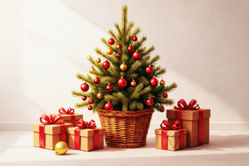 A small Christmas tree in a wicker basket with gifts in brown boxes tied with red ribbons, against a white background, studio shot
