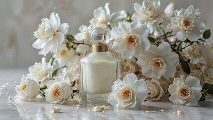 Elegant Perfume Bottle Surrounded by Delicate White Roses