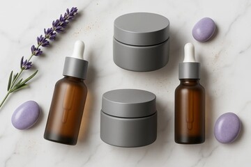 Minimalist Skincare Product Flat Lay on White Marble for Luxury Brand Banner