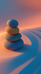 Zen Stones Stacked on Sand with Soft Sunset Light, Serene Balance.