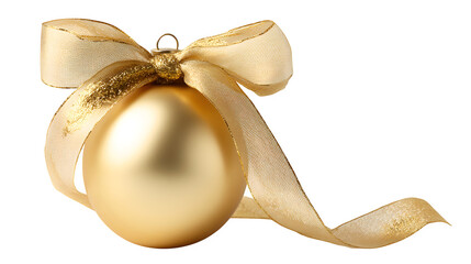 Golden Christmas ornament ball tied with a silk ribbon and bow isolated on white background